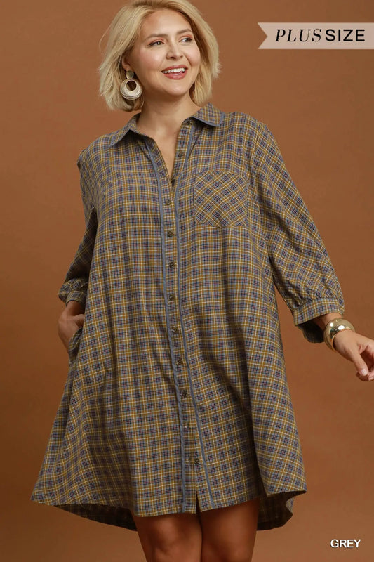 Umgee Plus Brown Plaid Dress