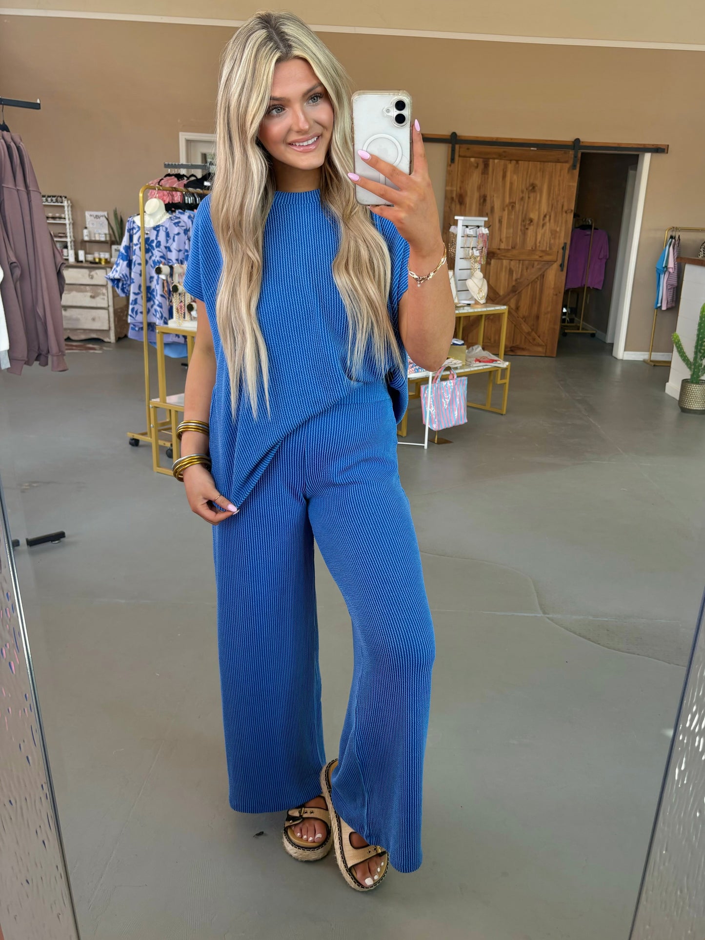 Relaxed Ribbed Pant Set - Bright Blue