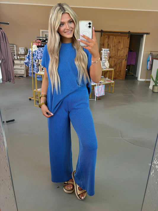Relaxed Ribbed Pant Set - Bright Blue