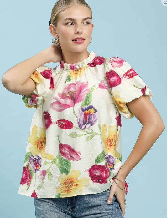 Umgee Floral Blue Mix Top