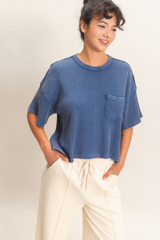 Mineral Wash Waffle Top-Navy