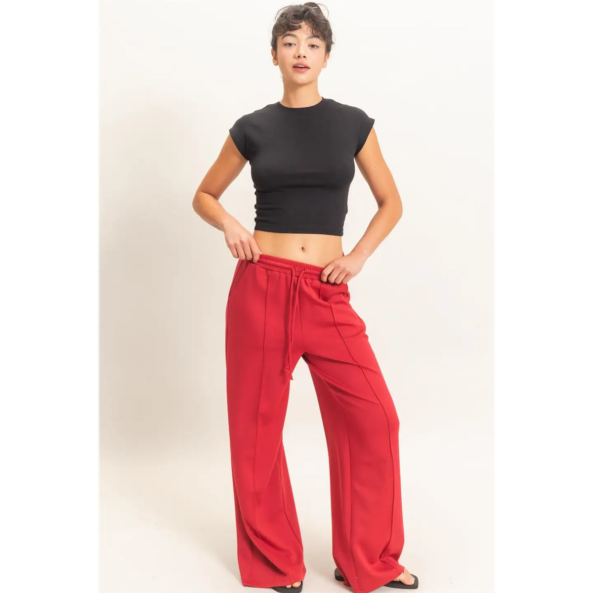 Pintuck Wide Leg Pant-Red