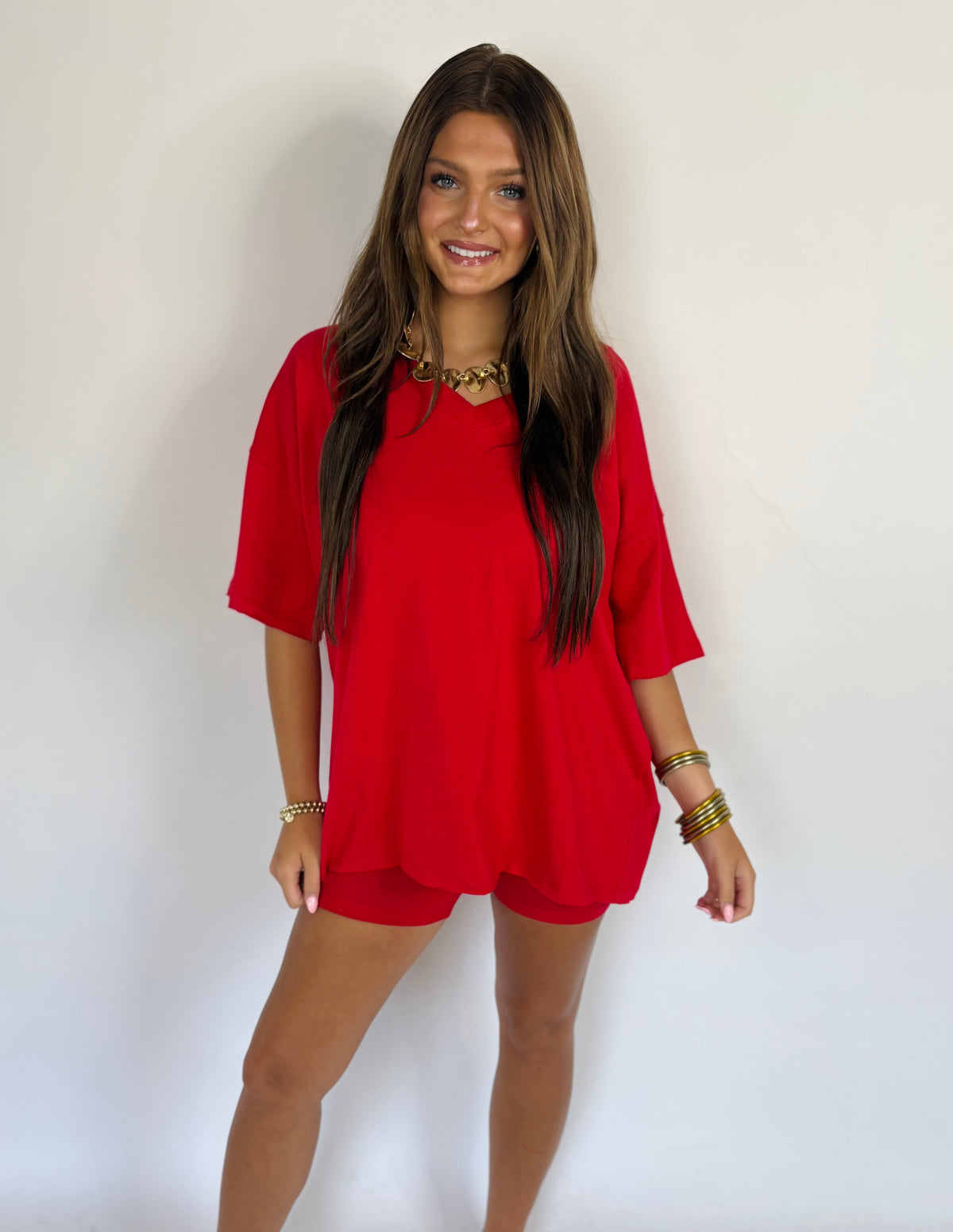 Cotton VNeck Set-Ruby