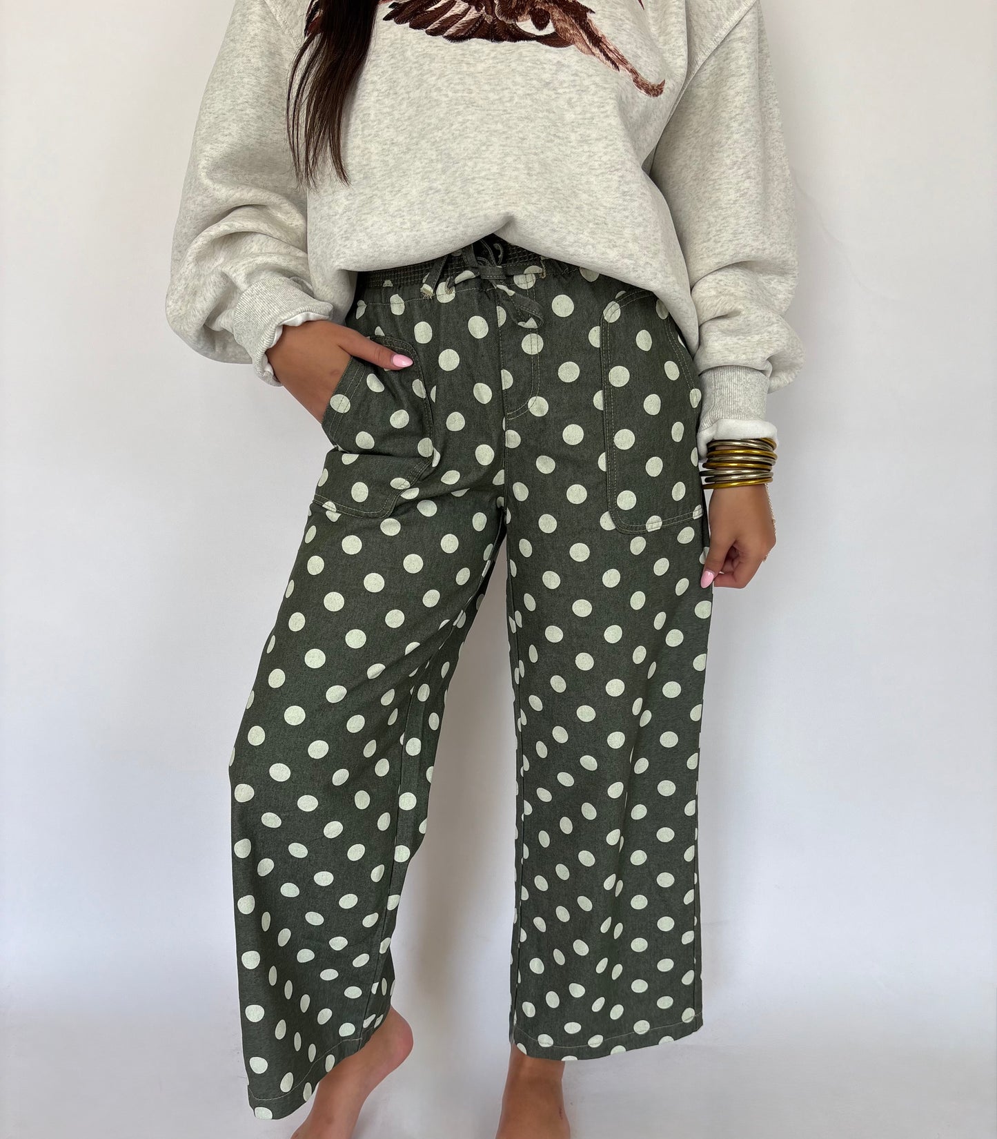 Wide Leg Relaxed Polka Dot-Olive