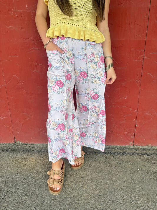 Elastic Vintage Floral Pant - Tan