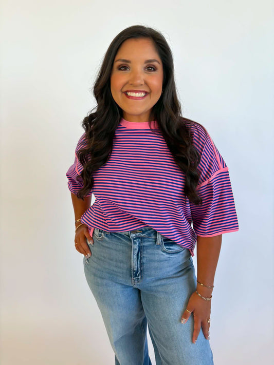 Stripe Oversized Top-Violet/Pink