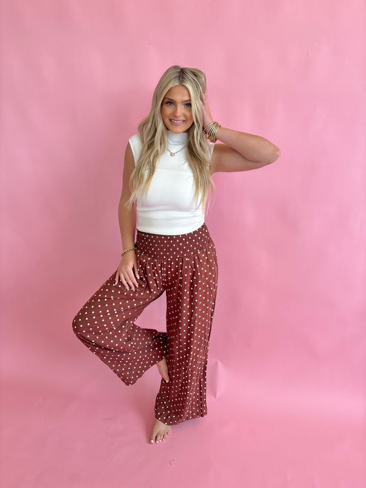 Polka Dot Wide Leg-Chestnut