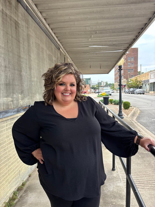 Plus V-neck long sleeve blouse