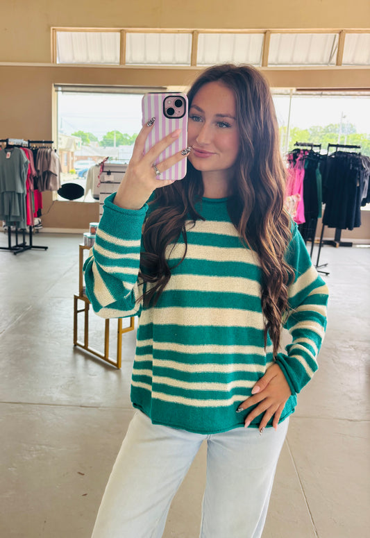 Oversized Stripe Knit Sweater - Green