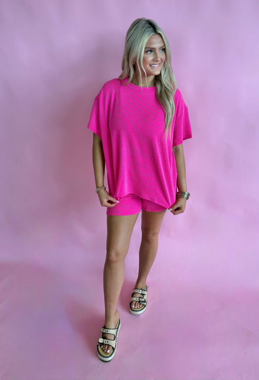 Ribbed Tee Set - Hot Pink