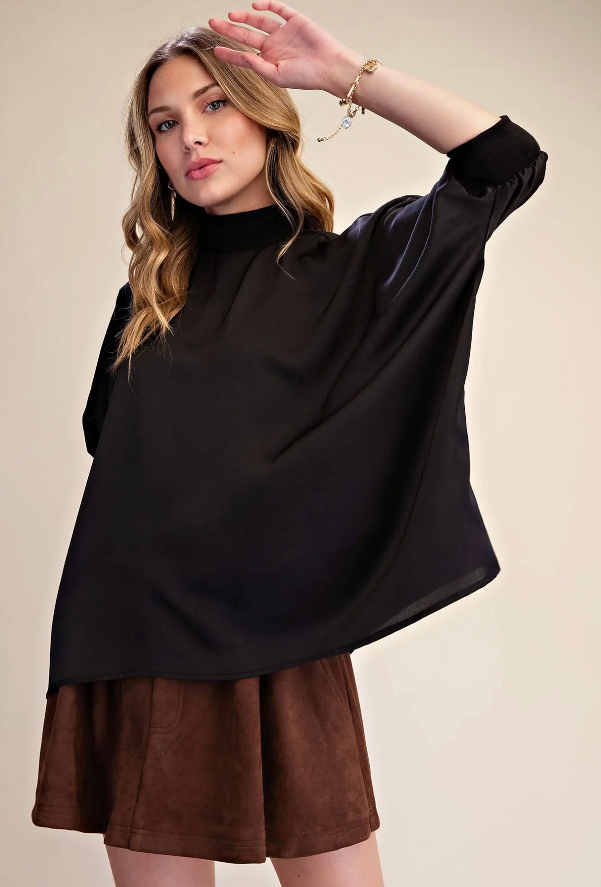 Mock Neck Oversized Blouse-Black