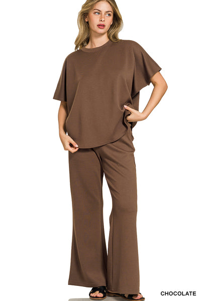 Curved Hem Pant Set-Brown