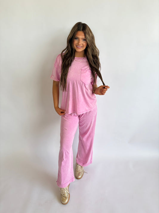 Acid Wash Exposed Seam Pant Set-Mauve