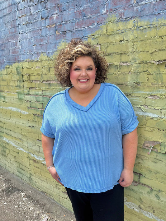 Plus Ribbed V-Neck - Cornflower Blue