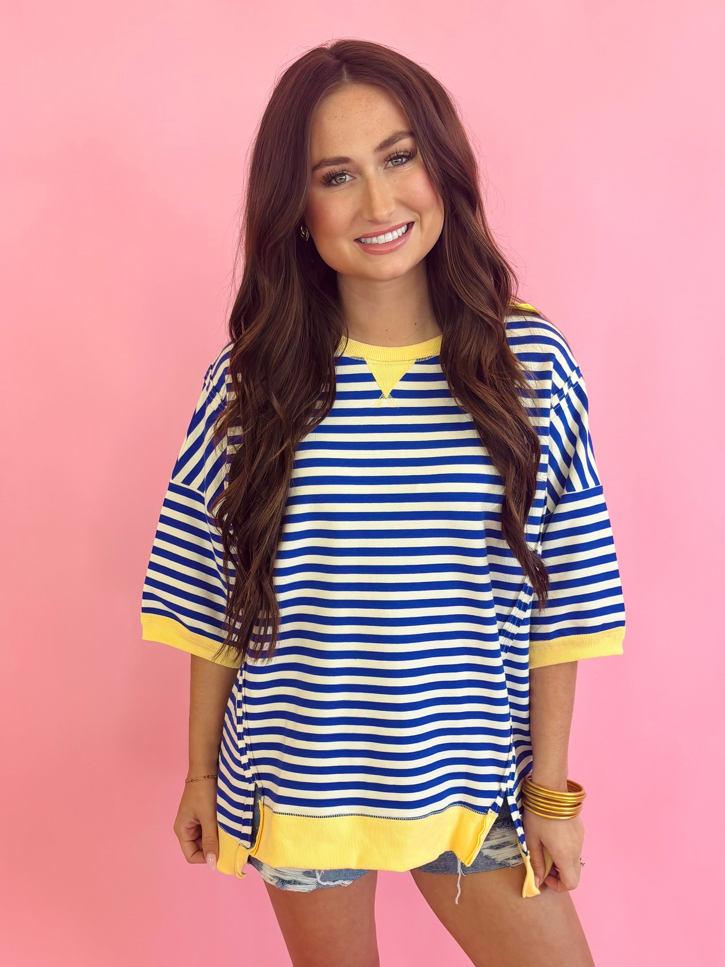 Very J Oversized Knit Top-Blue/Cream