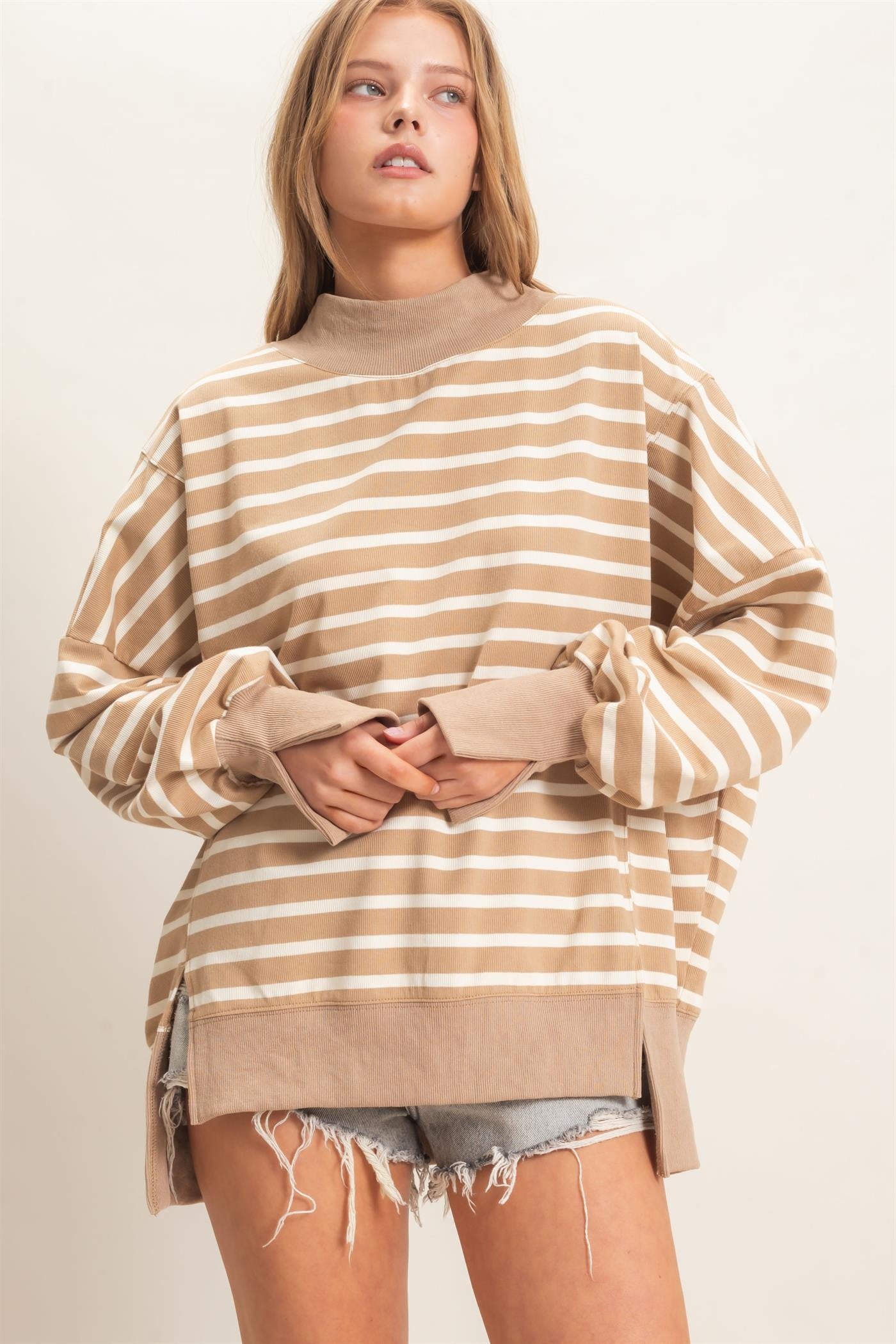 Stripe Mock Neck-Taupe/Cream