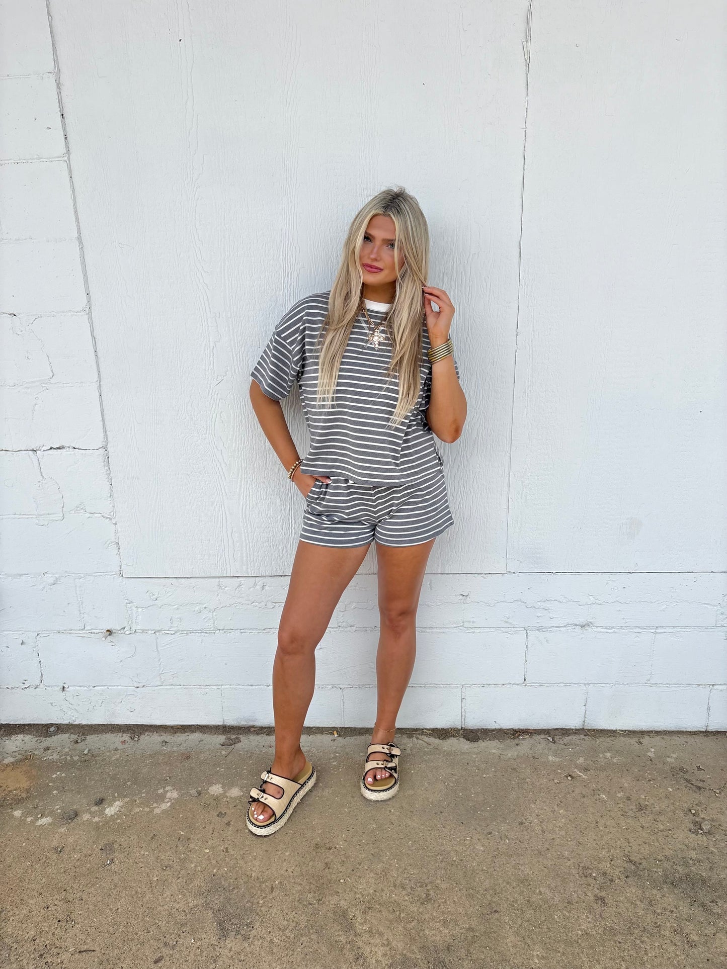 Zenana Stripe Set-Charcoal