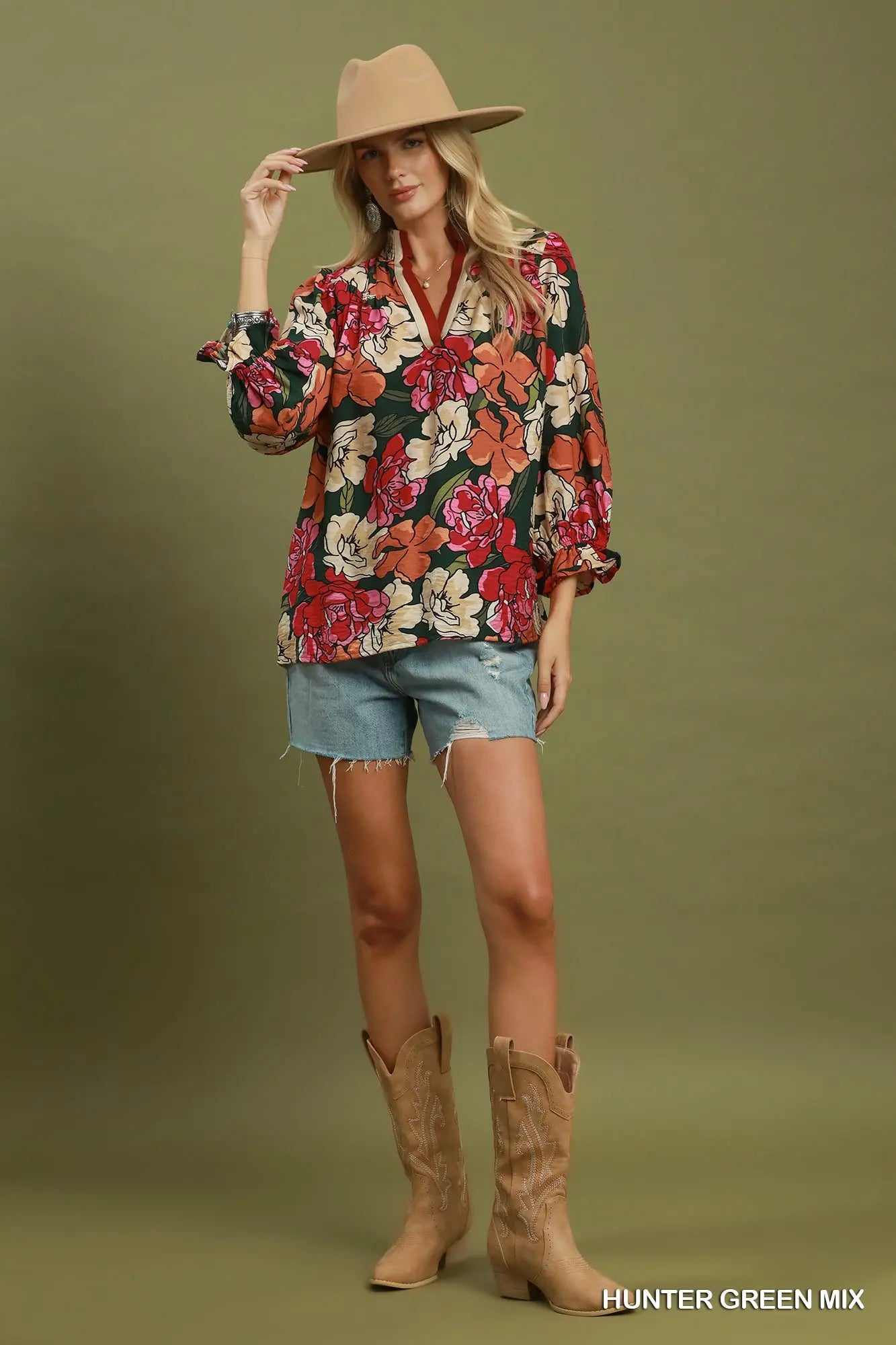 Umgee Hunter Green Floral Top