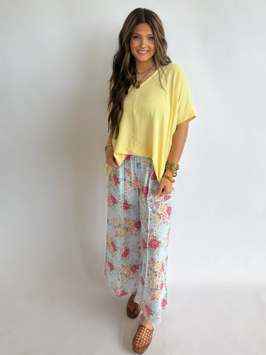 Elastic Vintage Floral Pant - Blue