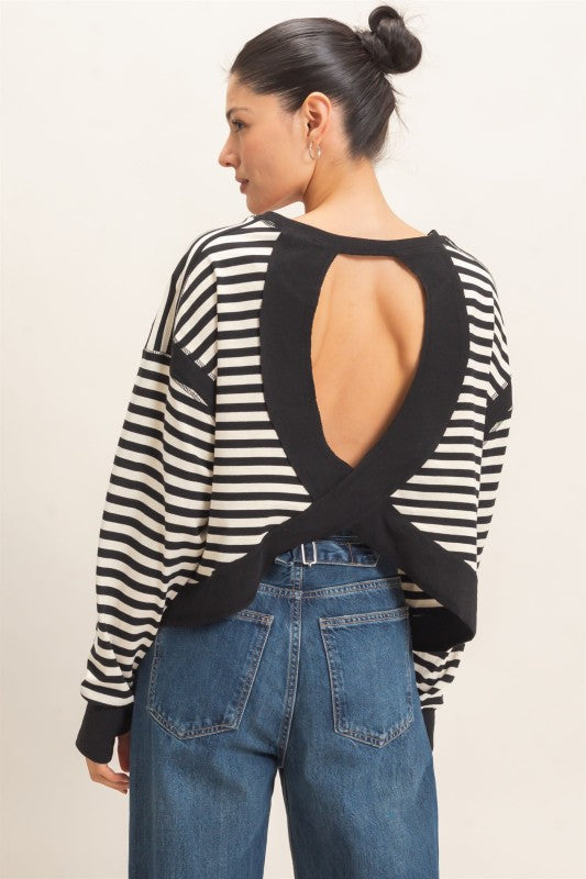 Stripe Long Sleeve Open Back-Black