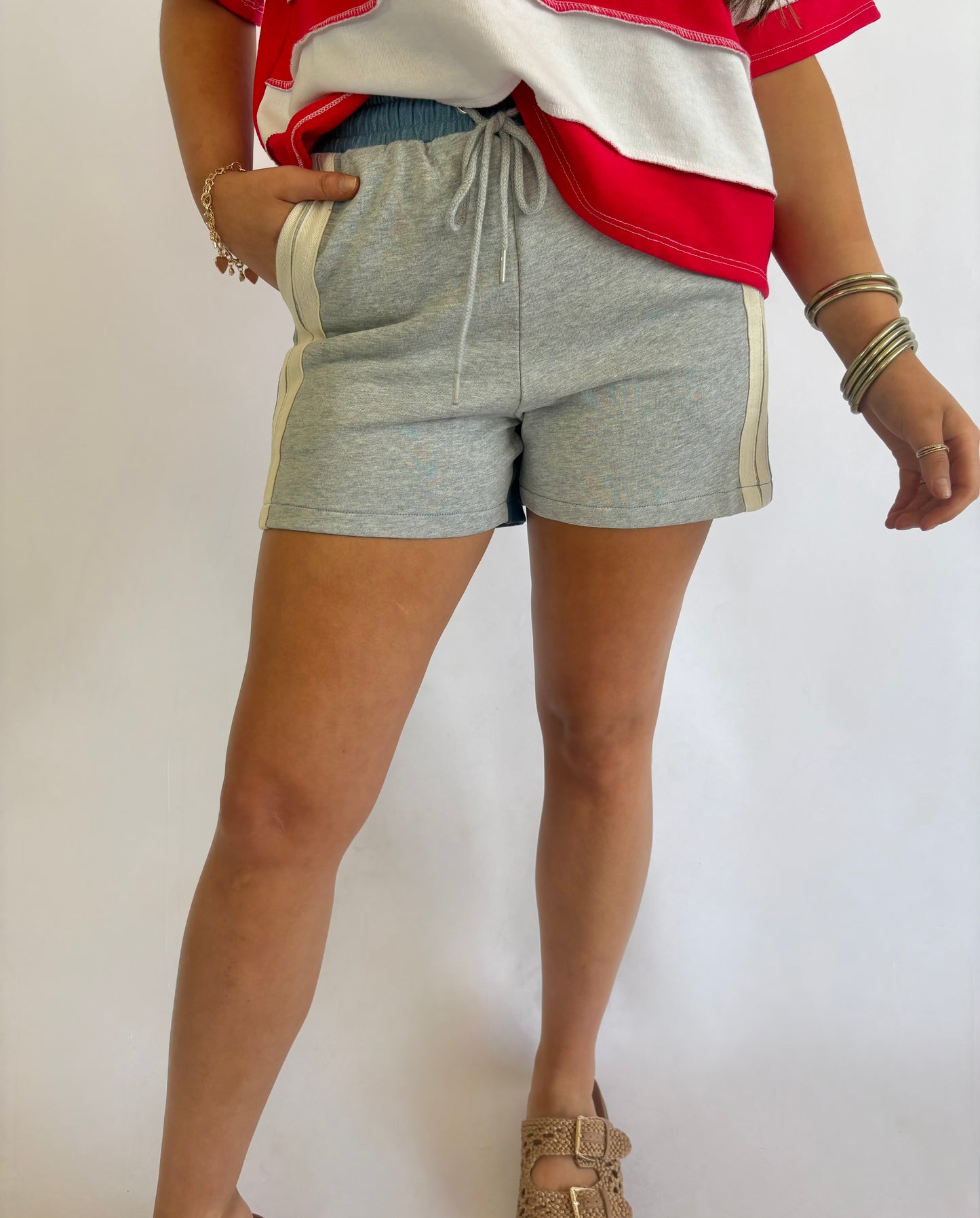 Denim-Terry Mix Shorts - Gray