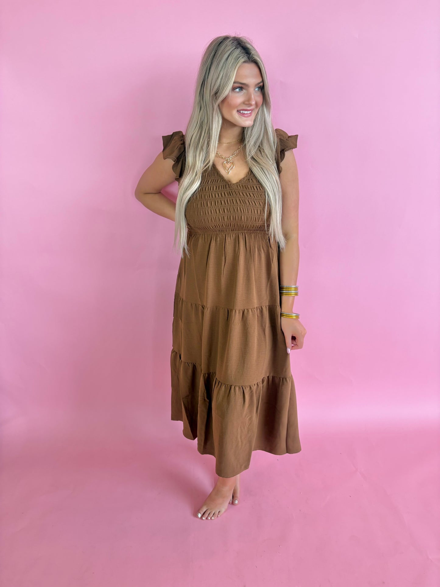 Flutter Sleeve Dress - Brown