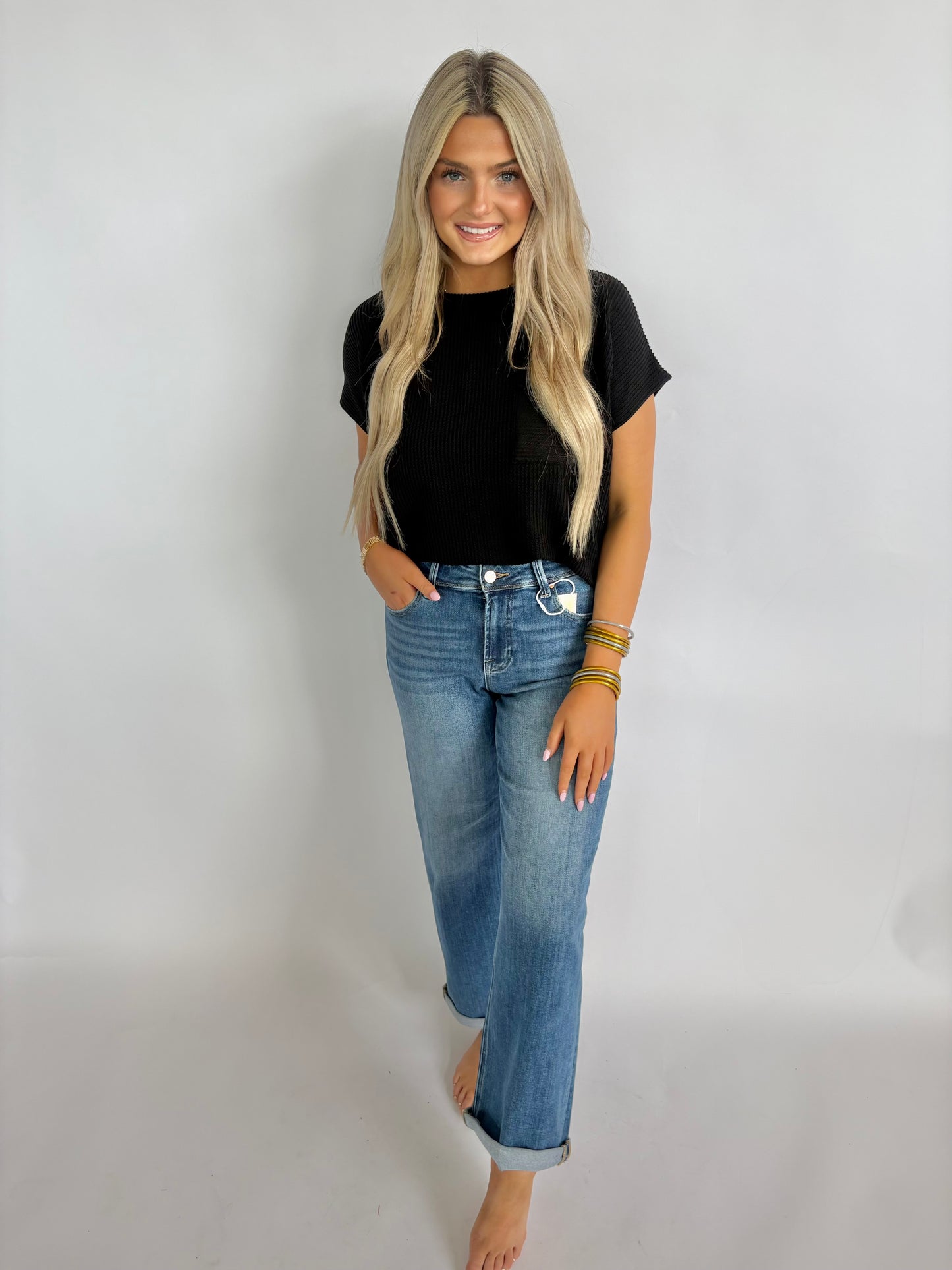 Raised Rib Pocket Top - Black