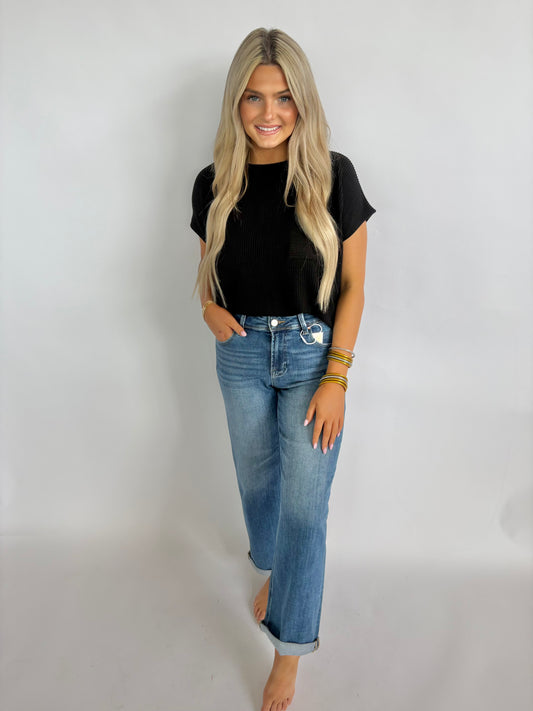 Raised Rib Pocket Top - Black