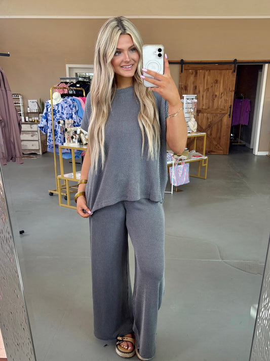 Relaxed Ribbed Pant Set - Grey