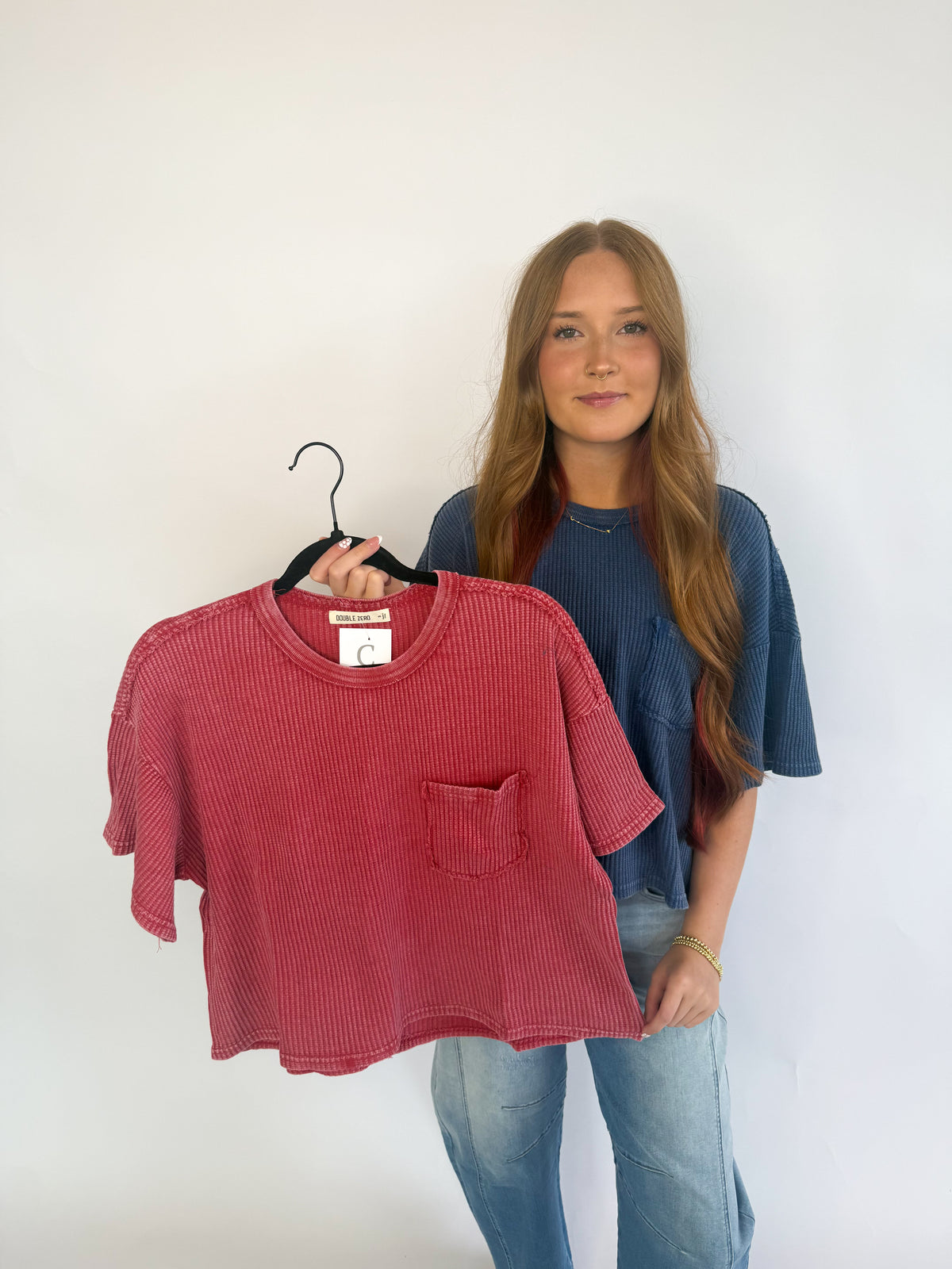 Mineral Wash Waffle Top-Red