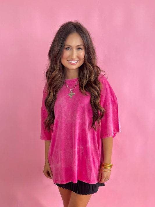 Acid Wash Oversized Tee - Hot Pink