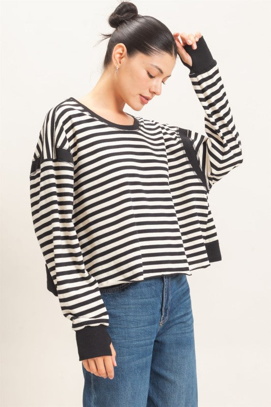 Stripe Long Sleeve Open Back-Black