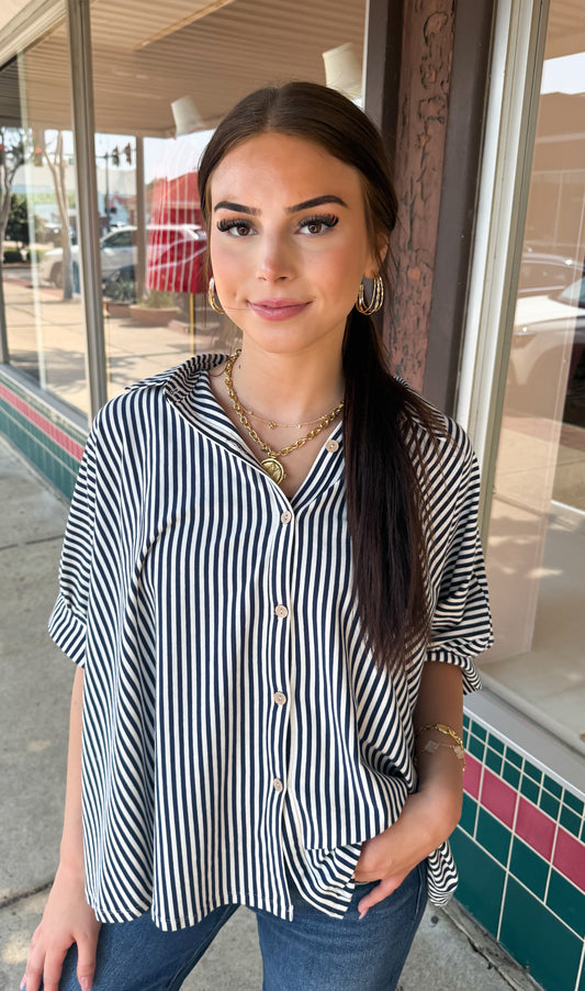 Oversized Zenana Stripe Top-Navy