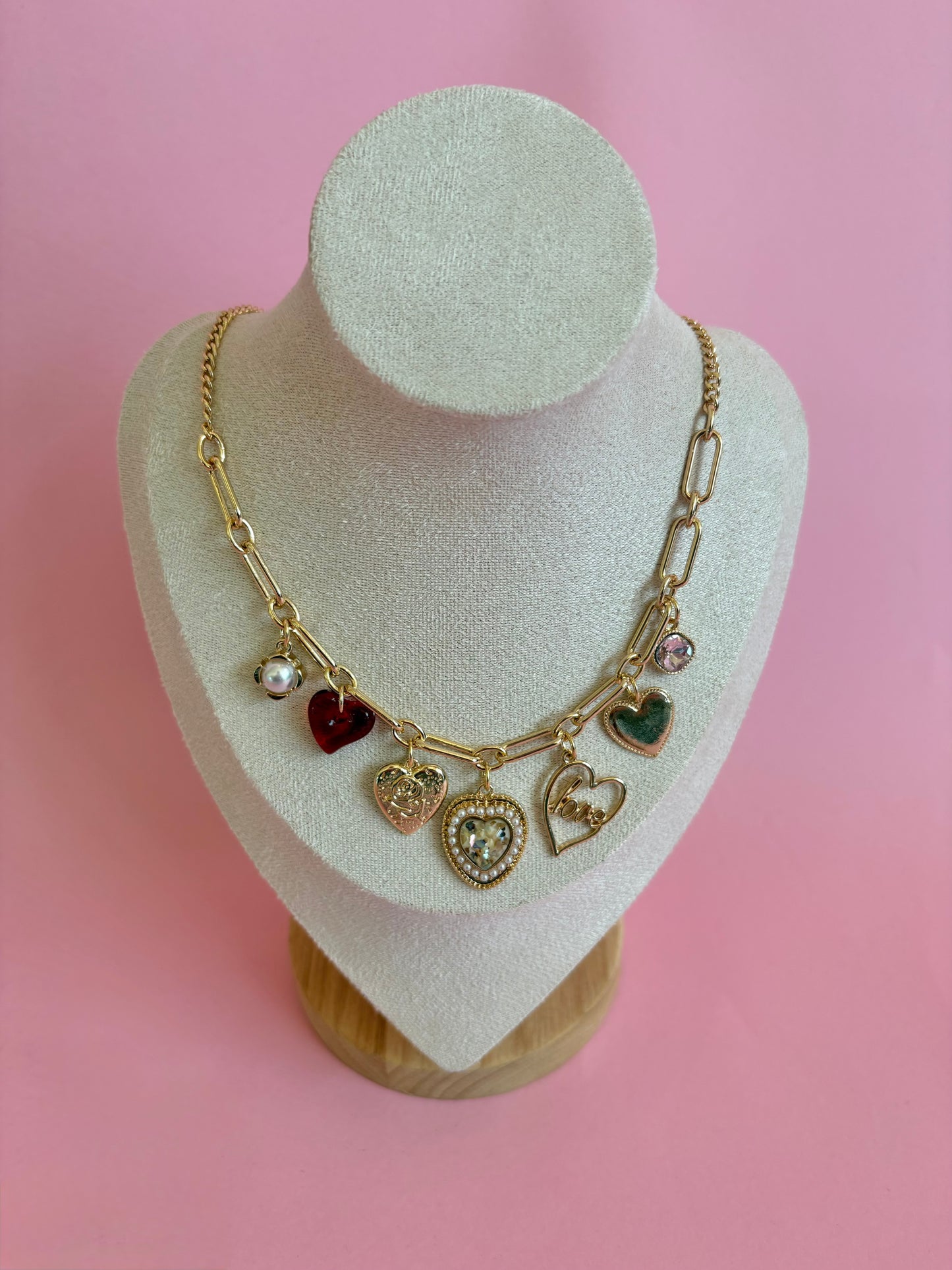 Porcelain Heart Rhinestone Charm Necklace