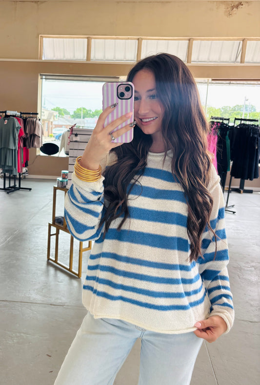 Oversized Stripe Knit Sweater - Blue