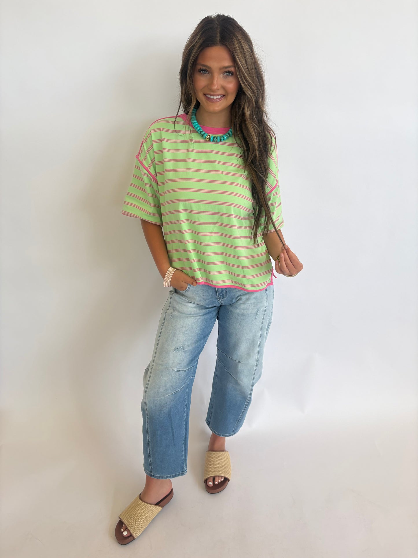 Oversized Stripe Tee : Mint/Pink