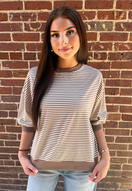 Stripe Banded Top-Mocha/Cream