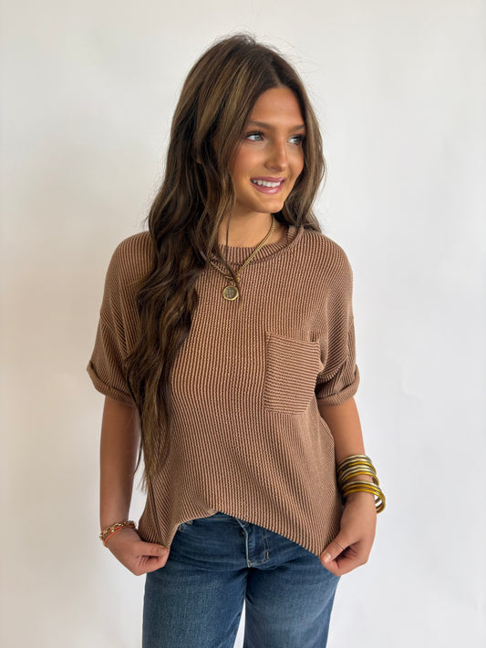 Rib Pocket Top - Brown