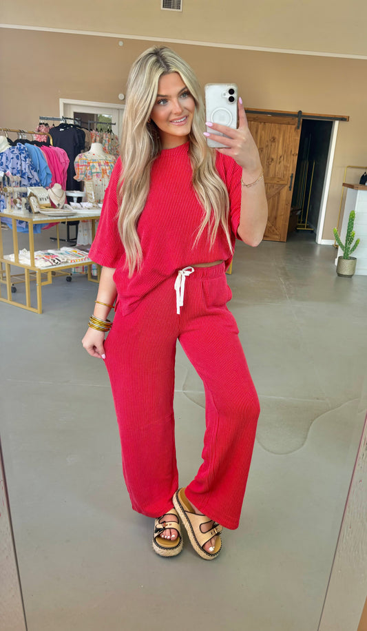 Ribbed Pant Set - Ruby