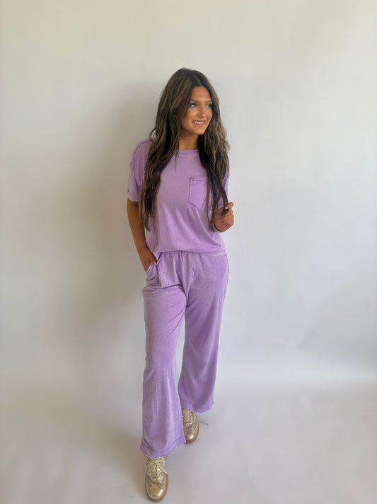Acid Wash Exposed Seam Pant Set-Lavender