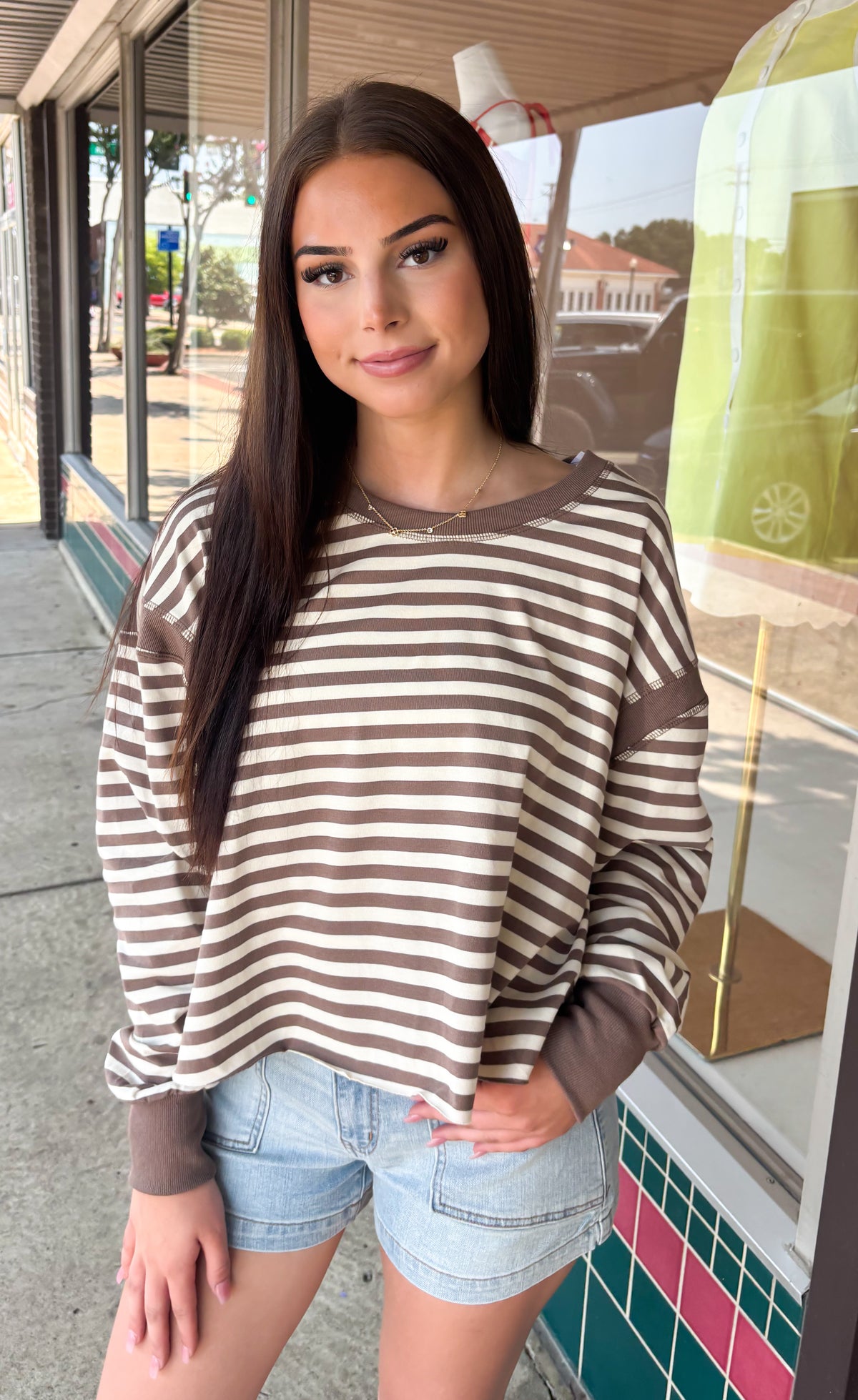 Stripe Long Sleeve Open Back-Mocha