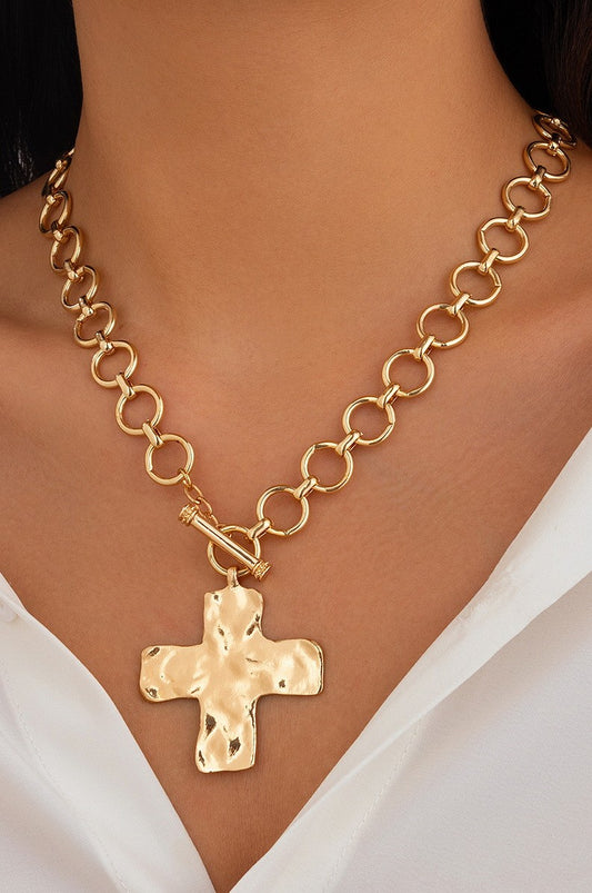 Gold Hammered Cross Necklace