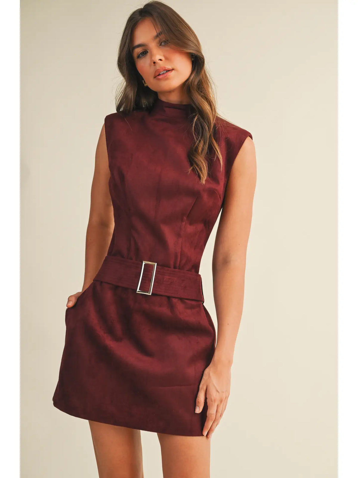 Belted Suede Mock Neck Dress