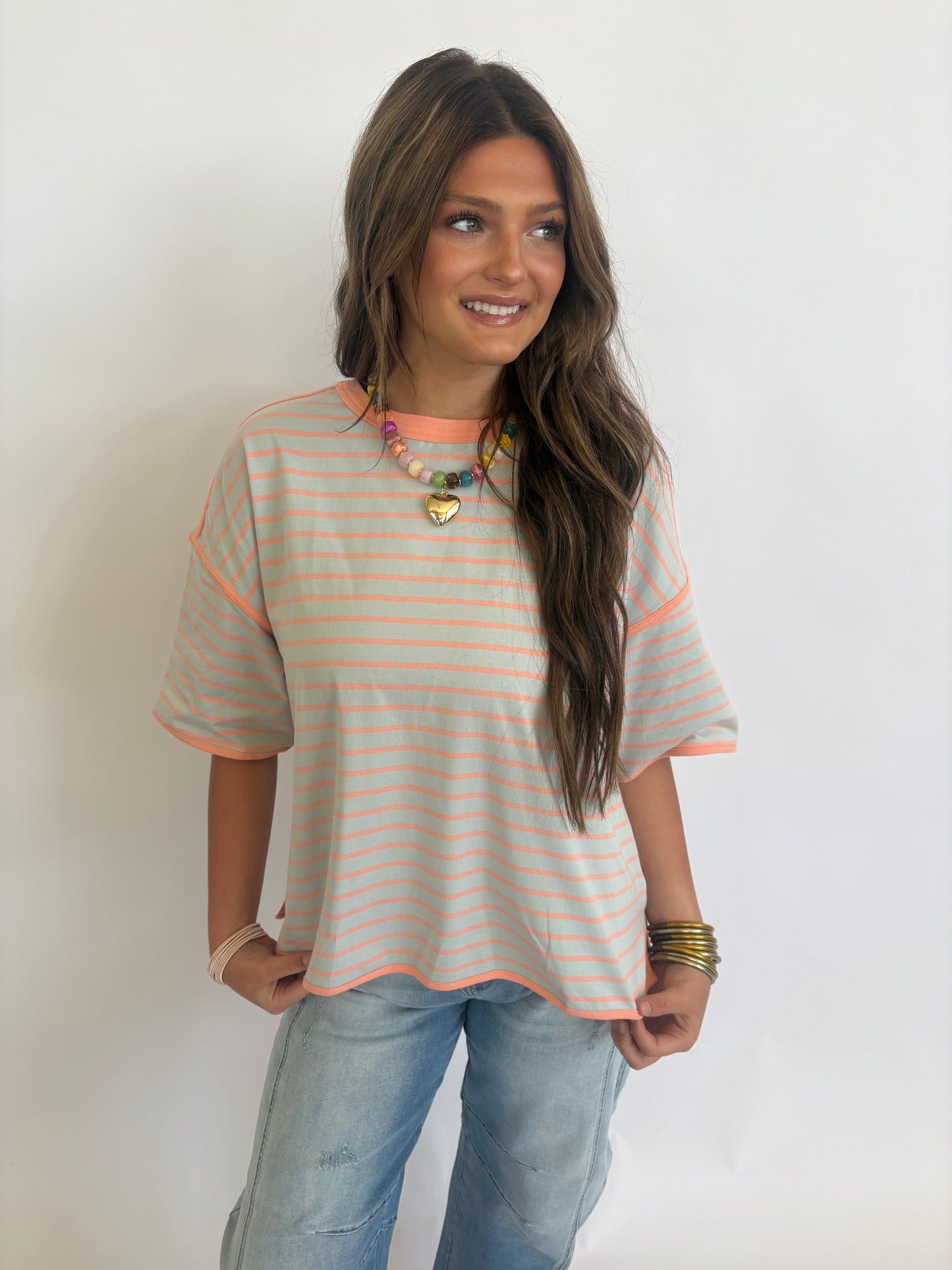 Oversized Stripe Tee : Dusty Blue/Apricot