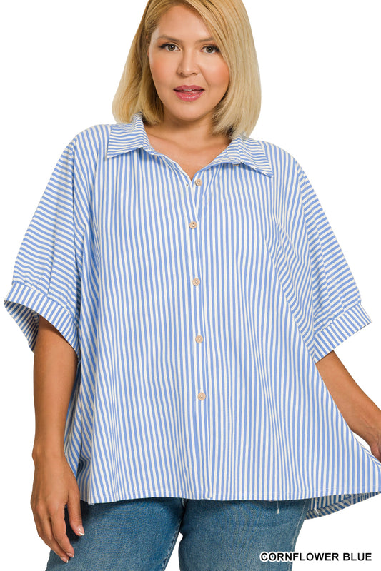 Plus Oversized Button Stripe Top - Cornflower Blue