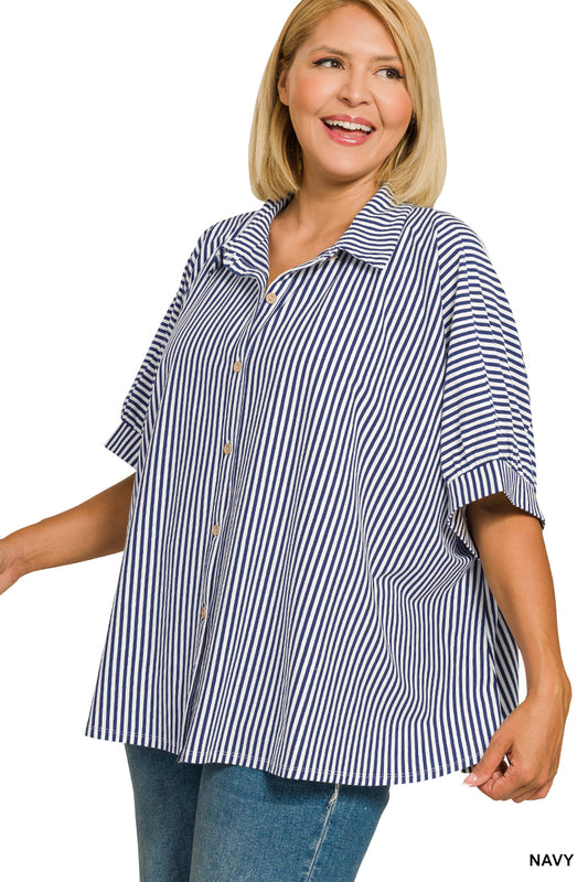 Plus Oversized Button Stripe Top - Navy