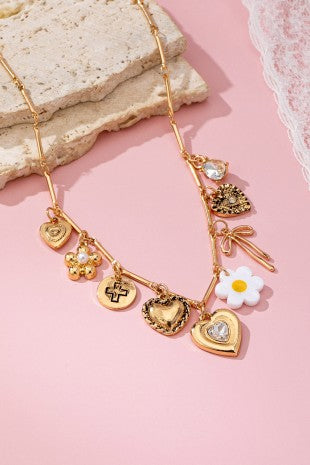 Bow Flower Cross Charm Necklace
