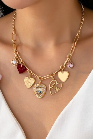 Porcelain Heart Rhinestone Charm Necklace
