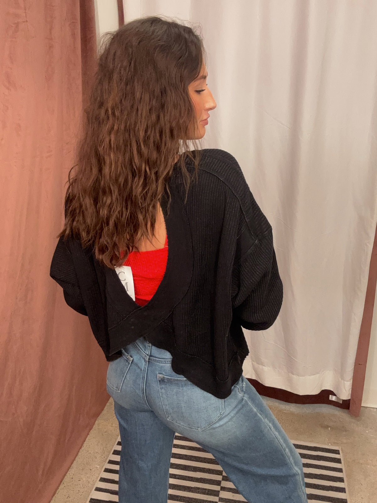 Black Waffle Open Back Top