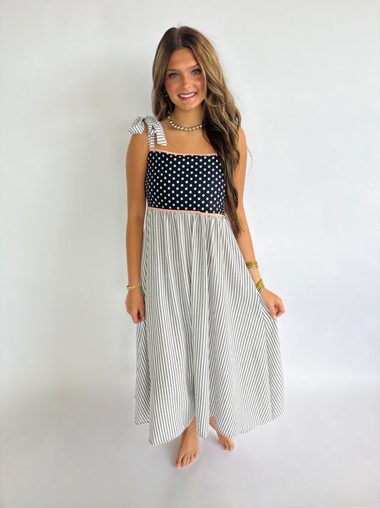 Polka Dot Tied Midi Dress - Navy